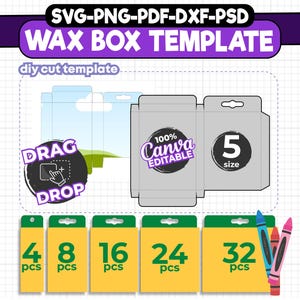 5 Größe Crayon Box Vorlage, Wachsmalstift Box Vorlage, Party Favors Box, 4 - 8 - 16 - 24 - 32 stück Wachsmalstift Box svg, Png, Sofort Download