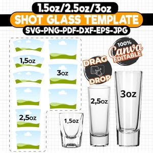 Shot Glass Template Bundle | 1.5oz, 2.5oz, 3oz Shot Glass SVG | Tapered & Straight Sublimation Wrap | Canva Editable | Canva, Cricut