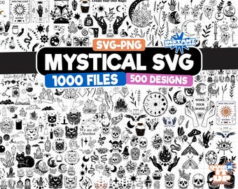 May include: A collection of 1000 mystical SVG files, featuring 500 designs. The designs include celestial bodies, crystals, hands, flowers, and other mystical elements. The text "Create Your Own Magic" and "Work Your Magic" are included in the image.