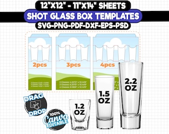 May include: A digital design for shot glass box templates. The image includes three shot glasses labeled 1.2 oz, 1.5 oz, and 2.2 oz. The design also features box templates for 2, 3, and 4 shot glasses. Text includes "12"x12" - 11"x14" SHEETS" and "SHOT GLASS BOX TEMPLATES".