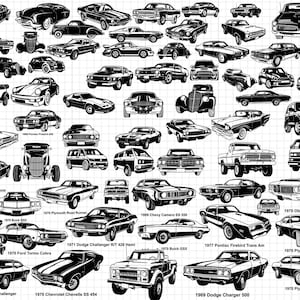 Puede incluir: Una ilustraci&oacute;n en blanco y negro de varios coches cl&aacute;sicos americanos de m&uacute;sculo de los a&ntilde;os 1960 y 1970. Los coches est&aacute;n todos en vista de perfil y est&aacute;n dibujados de una manera simple y estilizada. La ilustraci&oacute;n incluye modelos como el Dodge Challenger, el Chevrolet Chevelle, el Plymouth Barracuda y el Ford Torino Cobra.