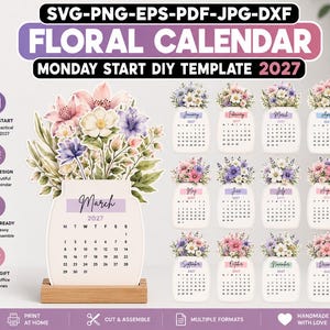 Puede incluir: Una plantilla DIY de calendario floral para 2027 con doce páginas mensuales, cada una con forma de frasco decorado con flores estilo acuarela. Incluye formatos de archivo SVG, PNG, EPS, PDF, JPG y DXF para corte láser e impresión en casa.