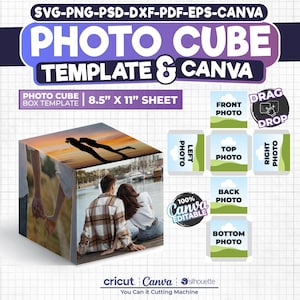 Plantilla de cubo de fotos, caja de cubo de fotos personalizada, plantilla de caja de fotos, plantilla de cubo 3D, caja de cubo de fotos, cubo de fotos de recuerdo, caja Svg, Canva editable
