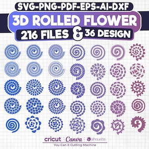 Könnte beinhalten: Ein digitales Design-Set mit 3D-gerollten Blumen-Vorlagen in Blau und Lila. Das Bild enthält 216 Dateien und 36 Designs, kompatibel mit Cricut-, Canva- und Silhouette-Schneidemaschinen. Der Text "3D Rolled Flower" ist prominent dargestellt.
