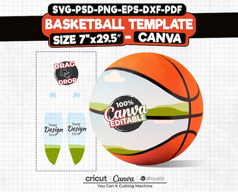 May include: A basketball template for Canva with a blue, green, and white design. The basketball is 7 inches by 29.5 inches. The text "100% Canva Editable" is on the basketball. The text "Drag Drop" is in a circle on the template.