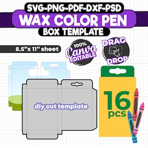 16 pcs Wax Color Pen Gift Box Template, Wax Crayon Box Svg, Party Favors Box, Box Template, Party Favor Box, Gift Box Svg, Canva Editable