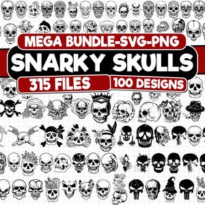May include: A collection of 100 black and white skull designs, perfect for crafting and digital projects. The designs are available in both SVG and PNG formats.  The text "MEGA BUNDLE-SVG-PNG SNARKY SKULLS 315 FILES 100 DESIGNS" is displayed on the image.