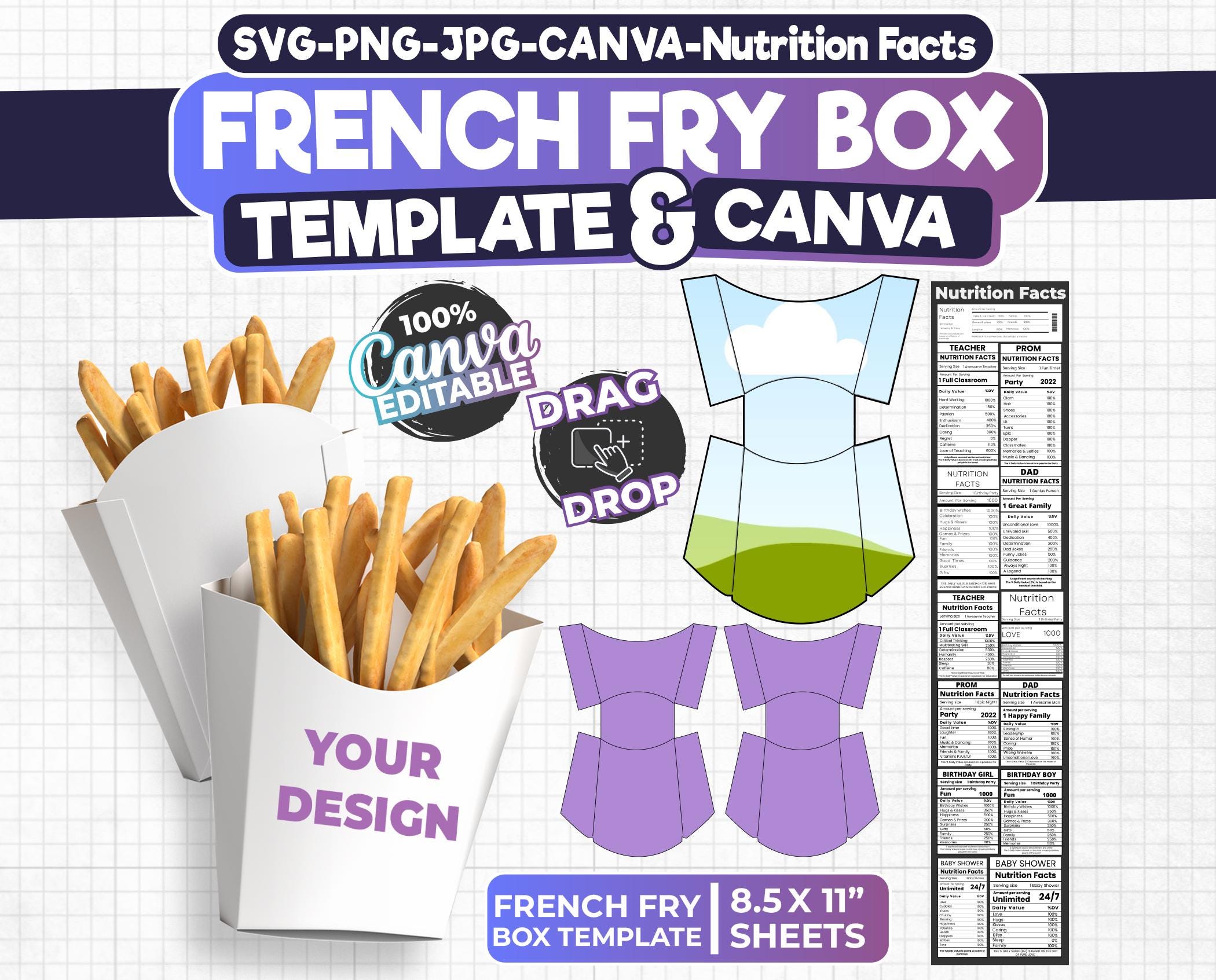 Fries Box Pattern Hamburger Box Template Svg, French Fry Box Template Svg, Cheeseburger ...