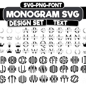 Könnte beinhalten: Ein Schwarzweißbild eines Monogramm-Schriftzugsatzes. Das Bild enthält Großbuchstaben, Zahlen und dekorative Elemente wie Kronen und Kränze. Die Buchstaben sind in einem klassischen Serifenschrift-Stil.