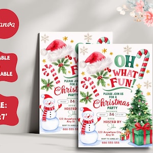 Christmas Party Invitation Kids Holiday Santa Hat Oh What Fun Invite Christmas Birthday, Template Canva