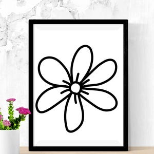 Pode incluir: Um desenho de linha preto e branco de uma flor simples com cinco p&eacute;talos. A flor est&aacute; centrada em um fundo branco dentro de uma moldura preta.