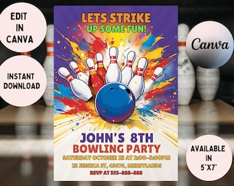 Bowling Birthday Party Invitation Template: Editable Sports Invite (Instant Download)
