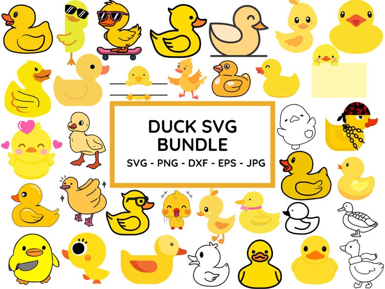 May include: A digital download bundle of 25 yellow duck SVG cut files. The ducks are in various poses, including swimming, flying, and wearing sunglasses. The text "DUCK SVG BUNDLE" is in a yellow box with the text "SVG - PNG - DXF - EPS - JPG" below it.