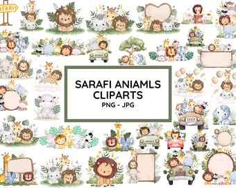 Watercolor Safari Animals Clipart, PNG JPG (Digital Download)