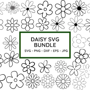 May include: A set of 30 black and white daisy flower SVG cut files. The files are perfect for crafting, scrapbooking, and other creative projects.  Daisy SVG Bundle - SVG - PNG - DXF - EPS - JPG