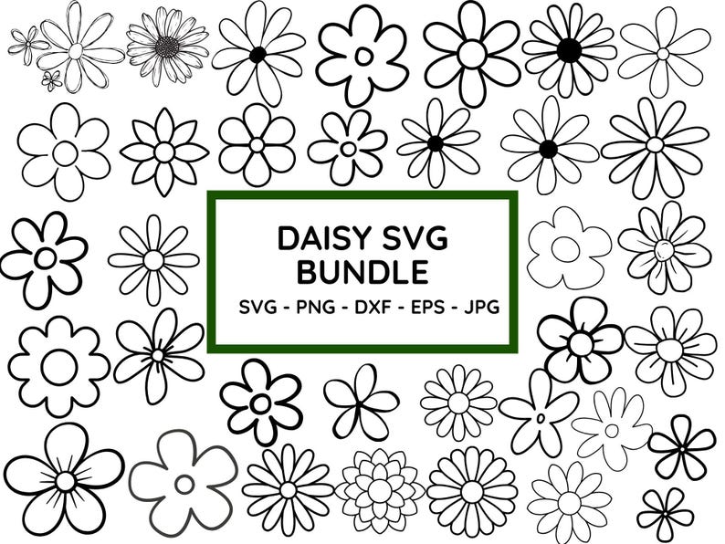 Pode incluir: Um conjunto de 30 arquivos de corte SVG de flores de margarida em preto e branco. Os arquivos s&atilde;o perfeitos para artesanato, scrapbooking e outros projetos criativos.  Daisy SVG Bundle - SVG - PNG - DXF - EPS - JPG