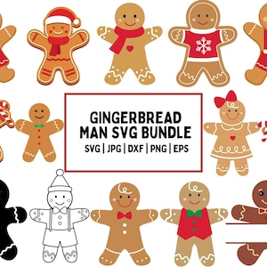 May include: A collection of gingerbread man designs in various styles. Some are decorated with red, white, and green accents, and some are in black and white. The text "GINGERBREAD MAN SVG BUNDLE" is also included.