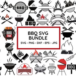 May include: A black and white graphic design bundle of BBQ icons and illustrations. The bundle includes SVG, PNG, DXF, EPS, and JPG files. The text "BBQ SVG Bundle" is in a red box.
