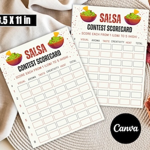 May include: Two Salsa Contest Scorecards, each 8.5 x 11 inches, with a salsa bowl graphic. The scorecard includes sections for visual, aroma, taste, creativity, and heat, with a total score section. The text reads "Salsa Contest Scorecard".