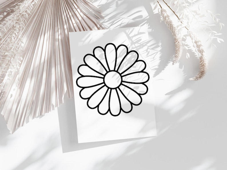 Pode incluir: Um desenho de linha preto e branco de uma margarida em um fundo branco.