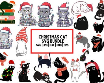 Kerstkat SVG-bundel, schattige katten PNG, gesneden bestanden (digitale download)
