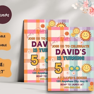 Editable Checkered Smiley Face Birthday invite, Groovy Retro birthday, emoji invitation, Teen Party, Tween Birthday, Any Age Girl Birthday