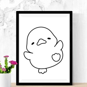 May include: A black and white line drawing of a cartoon chick with a heart on its chest.