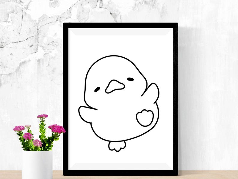 May include: A black and white line drawing of a cartoon chick with a heart on its chest.