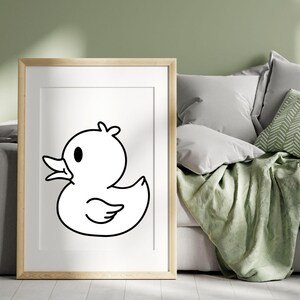May include: A black and white line drawing of a rubber ducky in a simple, cartoon style. The ducky is facing to the right and has a large, round body and a small, pointed beak.