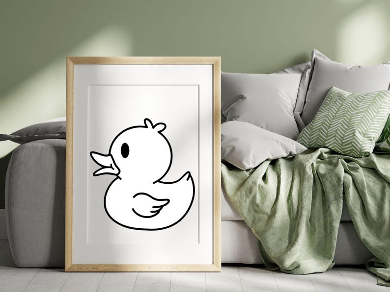 May include: A black and white line drawing of a rubber ducky in a simple, cartoon style. The ducky is facing to the right and has a large, round body and a small, pointed beak.