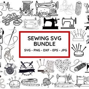 Puede incluir: Un conjunto de ilustraciones en blanco y negro de archivos SVG con temática de costura. El conjunto incluye imágenes de máquinas de coser, carretes de hilo, agujas, botones y otros suministros de costura. El texto "Sewing SVG Bundle" y "SVG - PNG - DXF - EPS - JPG" está incluido en la imagen.