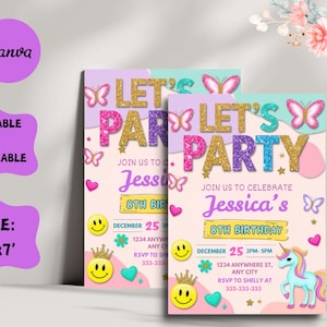 Op de afbeelding: Een roze en blauwe printbare uitnodiging voor een 8e verjaardagsfeestje voor een meisje. De uitnodiging heeft een eenhoorn, vlinders en de tekst "Let's Party".
