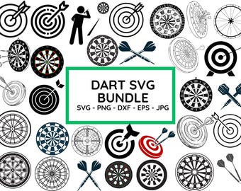 Puede incluir: Un conjunto de 25 archivos SVG de dianas de dardos en blanco y negro. Los archivos incluyen varios estilos de dianas de dardos, incluidos diseños tradicionales, modernos y minimalistas. El texto "DART SVG BUNDLE" se muestra en un cuadro verde. El texto "SVG - PNG - DXF - EPS - JPG" se muestra debajo del cuadro verde.