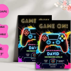 Faire-part de fête de jeu vidéo, invitation d'anniversaire modifiable de niveau supérieur, invitation de néon bleu phosphorescent, invitation de fête d'arcade modèle garçon Gamer vidéo lueur