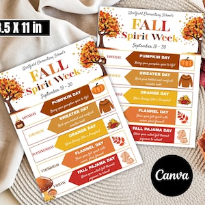 May include: Two 8.5 x 11 inch flyers for Westfield Elementary School's Fall Spirit Week, September 19-30. The flyers feature a fall theme with orange, brown, and yellow colors. Each day has a theme, such as Pumpkin Day and Sweater Day.