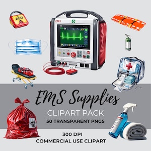 Puede incluir: Un paquete de clipart de 50 imágenes PNG transparentes de suministros médicos de emergencia. Las imágenes incluyen un desfibrilador, una camilla, un botiquín de primeros auxilios, una mascarilla facial, una bolsa de bioseguridad, una botella de spray desinfectante, un rollo de gasa y un tanque de oxígeno. El texto "EMS Supplies" y "300 DPI" también está incluido en la imagen.