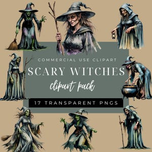 Watercolor Scary Witches Clipart Pack PNG – 17 Transparent 300 DPI Images, 3500x3500 px, Spooky Halloween Witch Clip Art for Digital Use