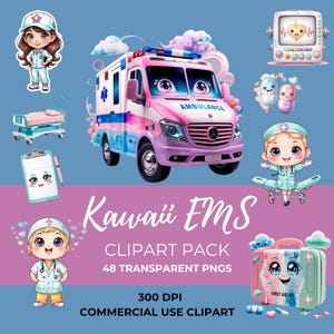 Pacchetto di clipart kawaii EMS PNG / 48 clipart mediche carine trasparenti a 300 dpi / Grafica di infermiere paramedico EMT dell'ambulanza / Pagine di artigianato bonus
