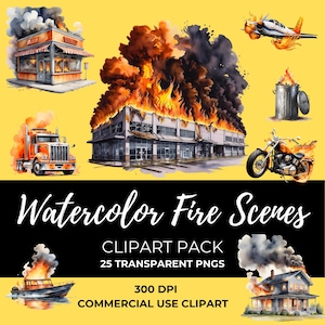 Watercolor Fire Scenes Clipart Pack, 25 PNG Fire Illustrations, Transparent Background Flames, 3500x3500 PNG, Digital Fire Art Bundle