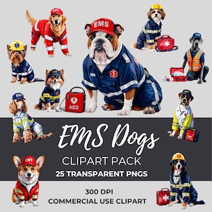 May include: A digital clipart pack of 25 transparent PNG images featuring dogs dressed in various EMS uniforms. The dogs are in different poses and include breeds such as a bulldog, golden retriever, corgi, and Bernese Mountain Dog. The clipart is 300 DPI and for commercial use.