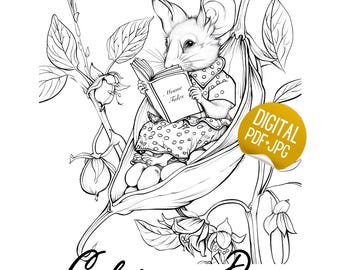 Cute Mouse in Pea Sprout Coloring Page - Light & Dark Versions - Instant Download (PDF and JPG)