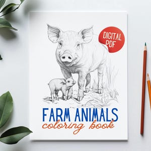 The cover of the Farm Animals Coloring Book; showcasing a detailed drawing of a pig and a piglet with leaves, designed for adults and kids.