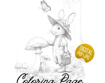 Kleurplaat met herfstkonijntje | Reuzenpaddenstoelen, gezellig bos (PDF & JPG)
