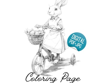 Hand-Drawn-Style Bunny on Bicycle Coloring Page | PDF & JPG Instant Download