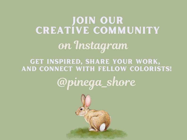 Invitation to join our creative community on Instagram at @pinega_shore, encouraging users to share their work and connect with fellow colorists, featuring an illustration of a hare.