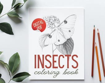 Insect Adult Coloring Book | Digital Download PDF | Hand-Drawn Style Sketches | Botanical-Inspired Art