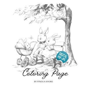 Könnte beinhalten: Schwarz-Weiß-Illustration einer Hasenfamilie. Das Bild zeigt ein Hasenpaar, das auf einer Bank sitzt, mit einem Babyhasen in einem Kinderwagen. Die Worte "Coloring Page" sind darunter in Kursivschrift geschrieben.