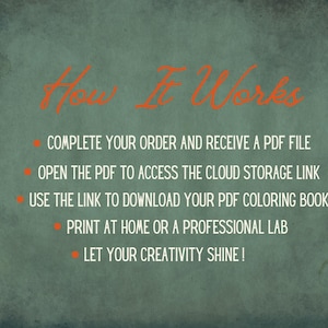 Step-by-step guide explaining the download process for the Coloring Book: purchase, download the PDF with a cloud link, print at home, and enjoy coloring.