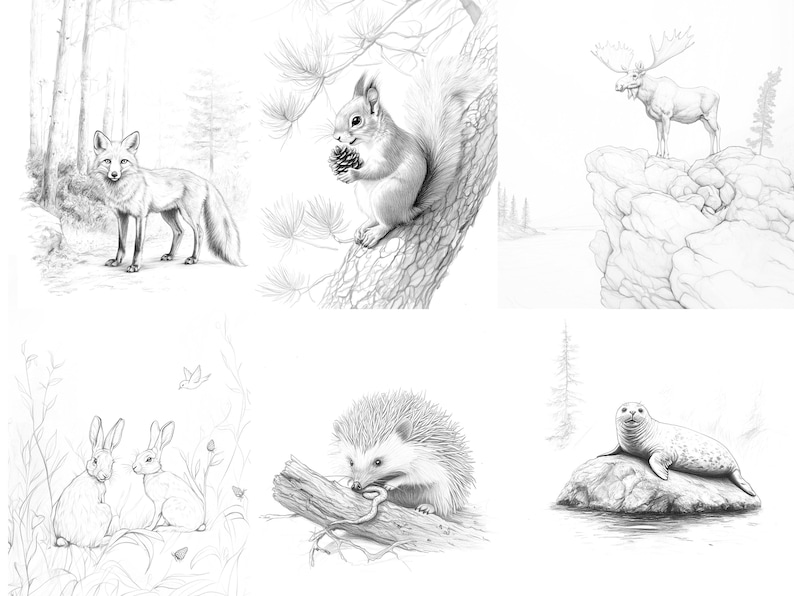 Set of pencil illustrations of various wildlife animals including a fox, squirrel, moose, hare, hedgehog, and a ringed seal.