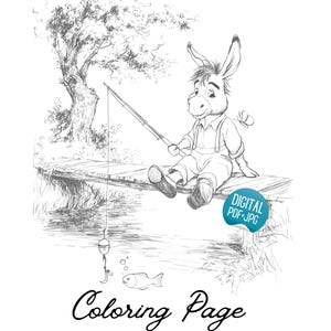May include: Black and white line art coloring page featuring a donkey character fishing from a wooden dock. The donkey wears overalls and sits with a fishing rod. The words "Coloring Page" and "Digital PDF+JPG" are also visible.